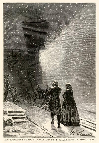 Een enorme schaduw, voorafgegaan door een flikkerende gele gloed, uit De Reis om de Wereld in Tachtig Dagen door Jules Verne (1828-1905) gegraveerd door Adolphe François Pannemaker (1822-1900), 1873 door Hippolyte Leon after Benett