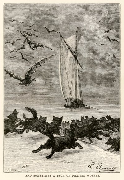 En soms een roedel prairie wolven, uit De Reis om de Wereld in Tachtig Dagen door Jules Verne (1828-1905) gegraveerd door Louis, 1873 door Hippolyte Leon after Benett