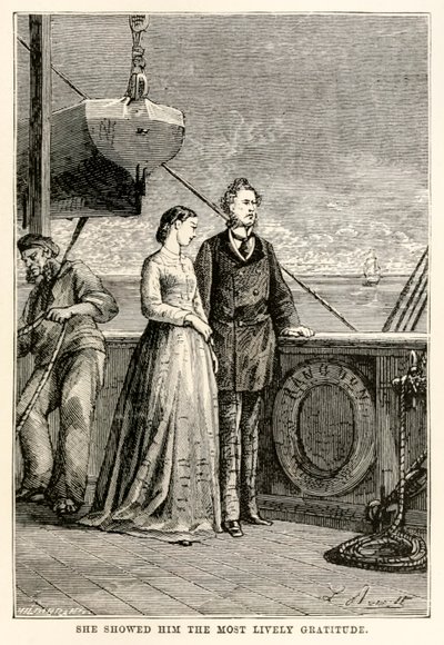 Ze toonde hem de levendigste dankbaarheid, uit De Reis om de Wereld in Tachtig Dagen door Jules Verne (1828-1905) gegraveerd door Henri-Théophile Hildebrand (1824-97), 1873 door Hippolyte Leon after Benett
