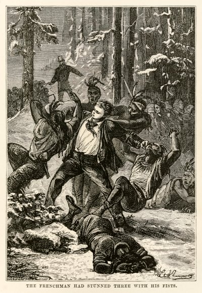 De Fransman had er drie met zijn vuisten bedwelmd, uit De Reis om de Wereld in Tachtig Dagen door Jules Verne (1828-1905) gegraveerd door Henri-Théophile Hildebrand (1824-97), 1873 door Hippolyte Leon after Benett