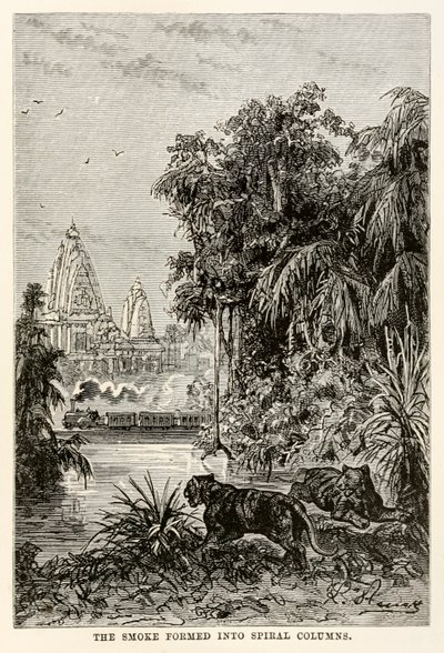 De rook vormde zich in spiraalvormige kolommen, uit De Reis om de Wereld in Tachtig Dagen door Jules Verne (1828-1905), 1873 door Hippolyte Leon after Benett