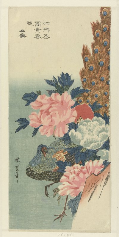 Pauw en pioenrozen door Hiroshige (I) , Utagawa