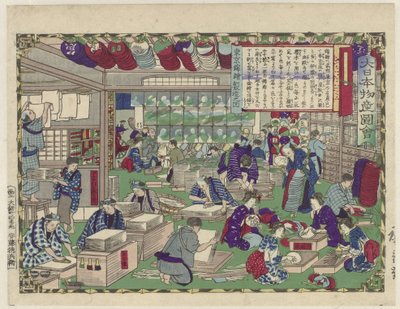 Een voorstelling van de productie van waaiers in Tokyo door Hiroshige (III) , Utagawa