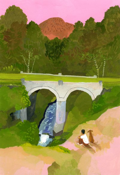 Kijk naar de brug met een hond bij schemering door Hiroyuki Izutsu