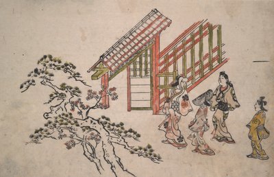 Bij de nieuwe Yoshiwara-poort door Hishikawa Moronobu
