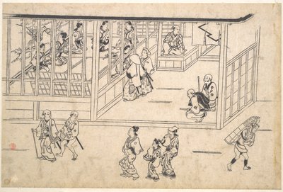 Straattafereel in Yoshiwara door Hishikawa Moronobu