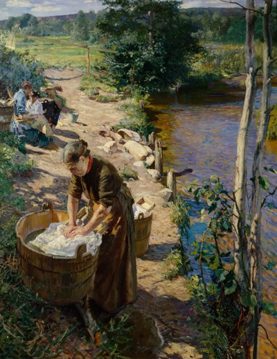 Schoonmaaksters bij de rivier door Hjalmer Eilif Emanuel Peterssen