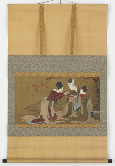 Drie shirabyoshi die sake drinken verwarmd boven een vuur van herfstbladeren door Hokuga