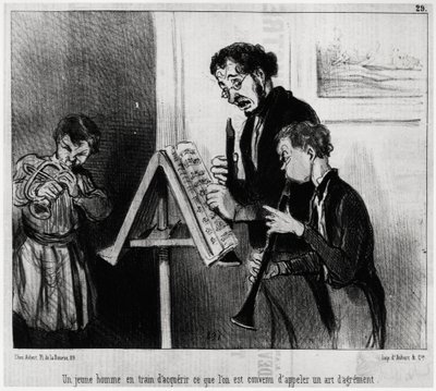Een jonge man die bekend staat als een kunst van het in kaart brengen. Illustratie van Honore Daumier, gepubliceerd in 