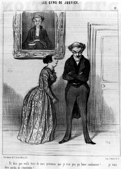En te zeggen dat dit drie van mijn beklaagden zijn die ik niet had kunnen veroordelen!... verloren reputatie!... , uit de "Gens de Justice", serie cartoons over Justitie door Honore Daumier. "Charivari" door Honoré Daumier