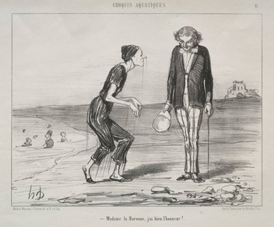 Aquatische Schetsen, plaat 8: Madame la Baronne, het is mijn eer... door Honoré Daumier