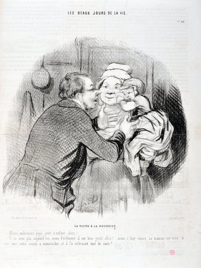Het bezoek aan de verpleegster - Laten we papa kussen, lief kind - Hij wil vandaag niet, maar meestal... door Honoré Daumier