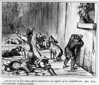 Aspect van de straten van Parijs sinds de eigenaren aangaven dat ze in hun gebouwen geen honden of kinderen meer zouden toelaten, genomen uit 
