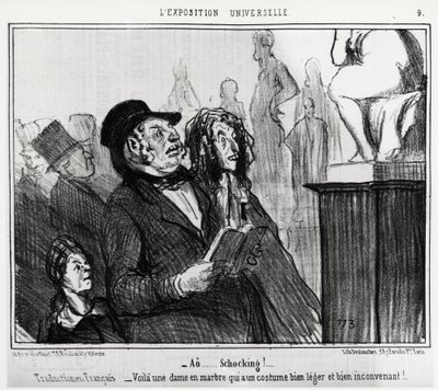 Op de Wereldtentoonstelling: ao... schokkend! (Franse vertaling: hier is een marmeren dame die een zeer licht en ongepast kostuum draagt) (illustratie door Honore Daumier, gepubliceerd in Charivari, gedateerd 1 juni) door Honoré Daumier