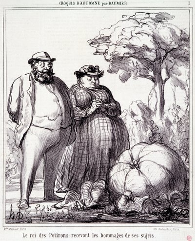 Spotprent over tuinieren. Serie Autumn Sketch: De Koning van de Pompoenen ontvangt eerbetoon van zijn onderdanen. Gravure door Honore Daumier. Uit de krant Le Charivari op 23 september door Honoré Daumier