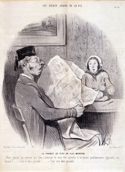 Cartoon over de pers. Serie "The Beautiful Days of Life": "Het steeds monsterlijker formaat..." Gravure door Honore DAUMIER (1808-1879). Uittreksel uit de krant "Le Charivari" op 18 oktober door Honoré Daumier