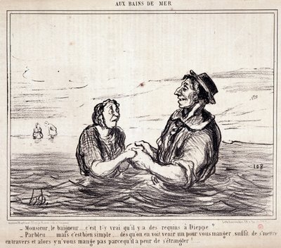 Cartoon over toeristen op vakantie. Serie "aux Bains de Mer": "Monsieur le bathneur... is het waar dat er haaien zijn in Dieppe?..." Gravure door Honore Daumier. Uit de krant "Le Charivari" 8 juni door Honoré Daumier