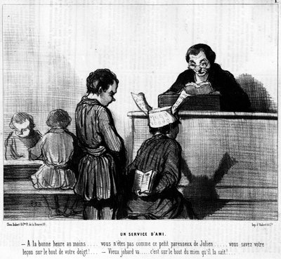 Cartoon door Daumier over maïs en schoolkinderen. "Een vriendendienst": - Tenminste op het juiste moment... je bent niet zoals deze luie kleine Julien... je kent je les op het puntje van je vinger! - Oude jobard gaat... het is op het puntje van de mijne da door Honoré Daumier