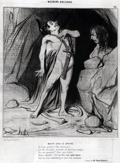 Cartoon door Honore Daumier over Oedipus en de Sfinx, -in "Charivari", 12 december door Honoré Daumier