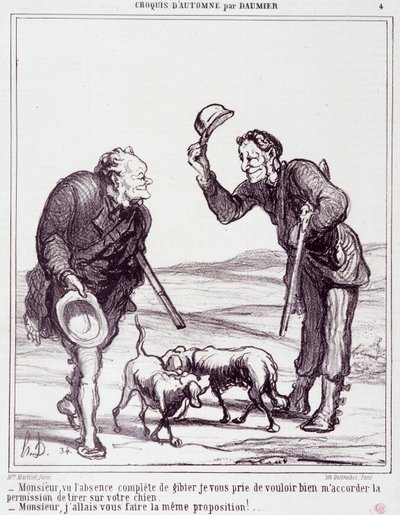 Spotprent over jagers: Serie Autumn Sketch: Meneer, gezien de volledige afwezigheid van wild, geef me alstublieft toestemming om uw hond neer te schieten... Gravure door Honore Daumier. Uit de krant Le Charivari op 28 september door Honoré Daumier