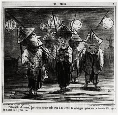 Chinese patrouille, krijgers die de instructies te letterlijk hebben genomen om de mars van de vijand te verlichten. In serie En Chine, illustratie door Honore Daumier, gepubliceerd in 