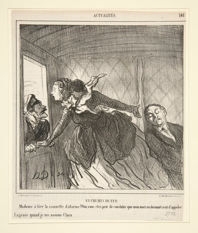 In de trein: Madame heeft aan de bel getrokken door Honoré Daumier