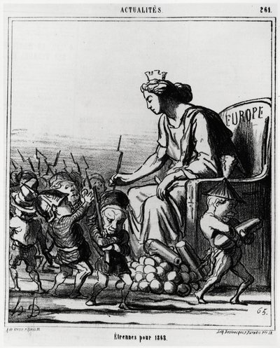 Europa: buitenland voor 1868. Europa verdeelt geweren en kanonnen aan elke vertegenwoordiger van de landen, herkenbaar aan hun hoed. Illustratie door Honore Daumier, gepubliceerd in het nieuws, 