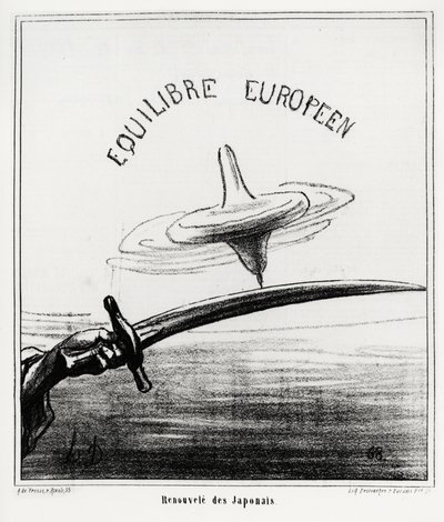 Europese balans: Japanse heropleving. Net na het herstel van het keizerlijke regime in Japan, na het aftreden van de Tokugawa-shoguna in november 1867. Illustratie van Honore Daumier, gepubliceerd in het nieuws, 