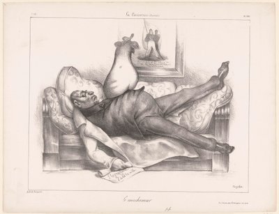 Karikatuur van Gilbert du Motier, markies de la Fayette, tijdens een nachtmerrie door Honoré Daumier