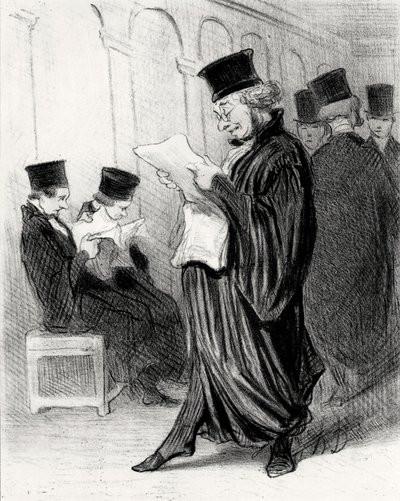 Advocaat Chabotard tijdens het lezen in een juridisch tijdschrift een lofrede op zichzelf door Honoré Daumier