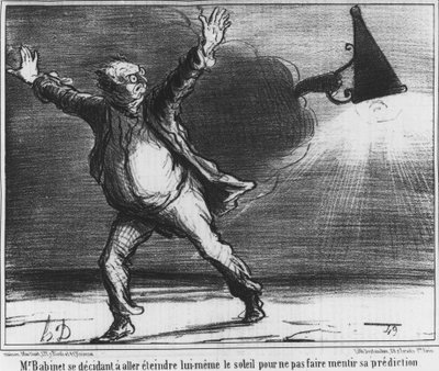 Monsieur Babient besloot zelf de zon uit te zetten om zijn voorspelling waar te maken, karikatuur over de komeet van 1857 van Honore Daumier door Honoré Daumier
