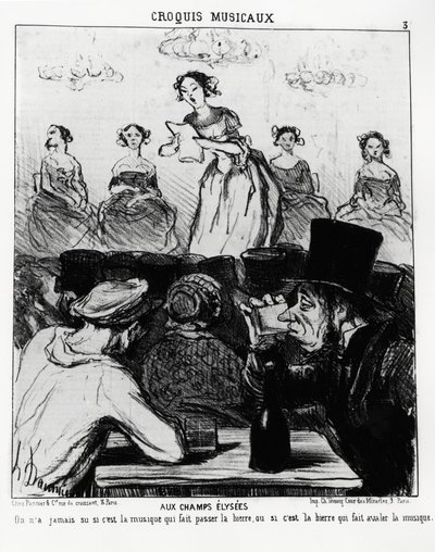 Muzikale schetsen: bij Champs Elysees, we wisten nooit of het de muziek is die het bier laat passeren of het bier dat de muziek laat slikken. Illustratie door Honore Daumier (1808-1879), gepubliceerd in "Charivari", datum 12 februari 1852. door Honoré Daumier