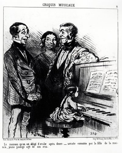 Muzikale schetsen: het lied dat je na het diner moet doorslikken: sonate uitgevoerd door de dochter des huizes, een jong wonderkind van zes jaar. Illustratie van Honore Daumier, gepubliceerd in 