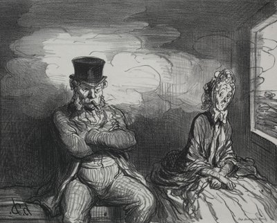 In de trein: Een aangename metgezel door Honoré Daumier