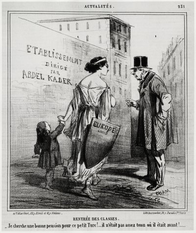 Huurklassen: ik zoek een goed pensioen voor deze kleine Turkse jongen!... Hij was niet fit genoeg of hij was het eerder. Enkele dagen nadat de Franse en Engelse troepen Turkije binnenkwamen (18 oktober 1860). Illustratie door Honore Daumier (1808-1879), ge door Honoré Daumier