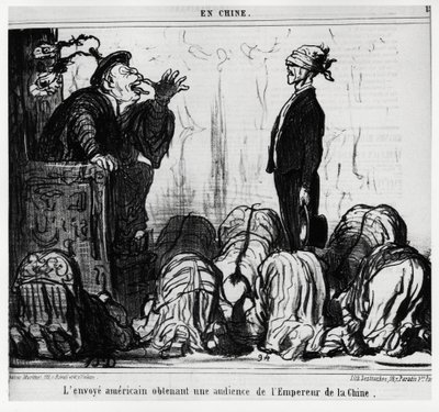 De Amerikaanse gezant krijgt een audiëntie van de keizer van China (in serie En Chine, illustratie door Honore Daumier, gepubliceerd in Charivari, gedateerd 21 oktober) door Honoré Daumier