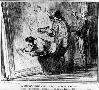 De laatste week voor de opening van de Salon de Peinture. Van moed tot werk, vrienden zijn er altijd!... (uit Schilderijen en Salons, cartoonserie door Honore Daumier, gepubliceerd in Charivari) door Honoré Daumier