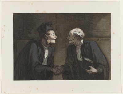 Twee advocaten drukken elkaar de hand door Honoré Daumier