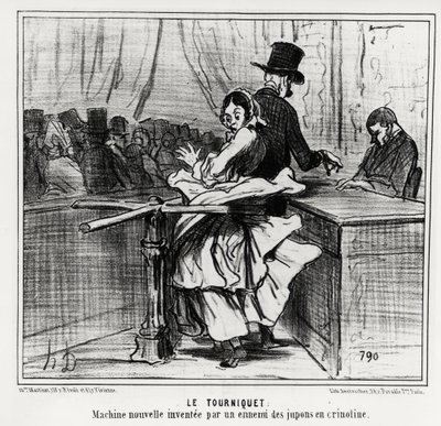 Universele tentoonstelling: het draaihek: een nieuwe machine uitgevonden door een vijand van crinoline rokken. Illustratie door Honore Daumier, gepubliceerd in het nieuws, 
