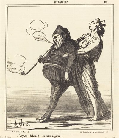 Laten we gaan!... sta op, ze kijken naar ons door Honoré Daumier