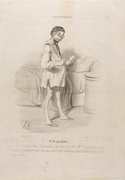(Hij leest een brief) "Een afspraakje, zou het van de schattige mevrouw Giraud kunnen zijn Ja, maar het kan ook van haar man komen die me wil knijpen...," plaat 8 van Coquetterie door Honoré Victorin Daumier