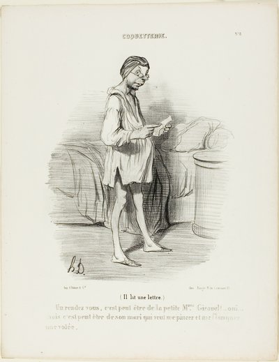 (Hij leest een brief) "Een afspraakje, zou het van de schattige mevrouw Giraud kunnen zijn Ja, maar het kan ook van haar man komen die me wil knijpen...," plaat 8 van Coquetterie door Honoré Victorin Daumier