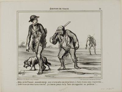 "Kom, kom, meneer Pomard... hou de moed erin... nog maar twee mijl en we kunnen rusten... Wat een geluk, we hebben niets gevangen... Ik zou niet eens de kracht hebben om een patrijs te dragen," plaat 21 uit Émotions De Chasse door Honoré Victorin Daumier