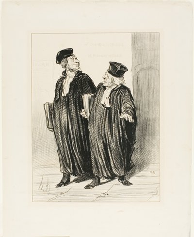 "- Eindelijk kregen we de verdeling van de bezittingen tussen man en vrouw... - over tijd, er was geen geld meer te verdelen," plaat 3 uit Les Avocats Et Les Plaideurs door Honoré Victorin Daumier