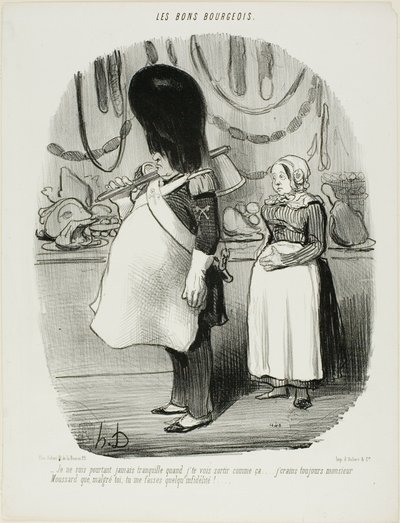 "Ik ben nooit rustig als ik je zo zie weggaan... Ik ben altijd bang, Monsieur Moussard, dat u ongelovig bent," plaat 67 uit Les Bons Bourgeois door Honoré Victorin Daumier