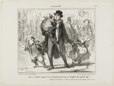 "- Moge de duivel de uitvinder van al deze nieuwjaarsgeschenken te pakken krijgen!" Bespiegeling van een gevoelige, gulle maar gekwelde Parijse vader, plaat 476 uit Actualités door Honoré Victorin Daumier