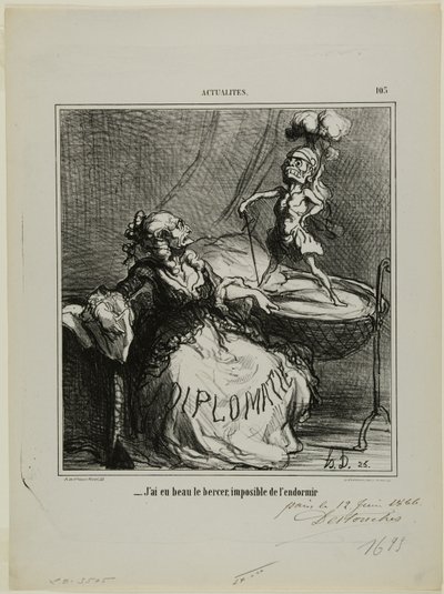 "- Hoe vaak ik hem ook wieg, het is onmogelijk om hem in slaap te laten vallen," bord 105 van Actualités door Honoré Victorin Daumier
