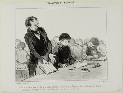 "- Nu begrijp ik waarom deze kerel de hele tijd zo stil was..... in plaats van rustig in zijn Griekse woordenboek te lezen, leefde hij zich uit in een roman van de Kock.... Oh mijn God.... waar gaat dit allemaal eindigen!!!," plaat 22 van Professeurs Et Mo door Honoré Victorin Daumier