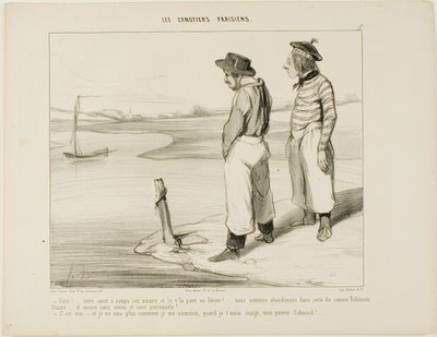 "- Onze boot heeft het anker losgelaten en is weggedreven.... we zitten vast op dit eenzame eiland als Robinson Crusoe... en zonder iets te eten en zonder papegaai... - Dat is waar.... en ik weet echt niet wat ik moet eten als ik je heb verslonden, arme Ca door Honoré Victorin Daumier