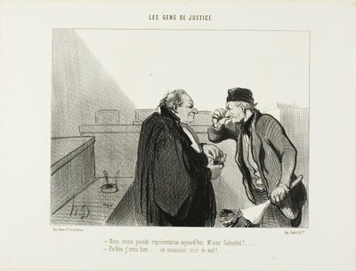"- Moet een geweldige voorstelling worden vandaag, Mr.Galuchet... - Ik denk het wel... Een moordzaak met een verkrachting erbij...," plaat 31 van Les Gens De Justice door Honoré Victorin Daumier